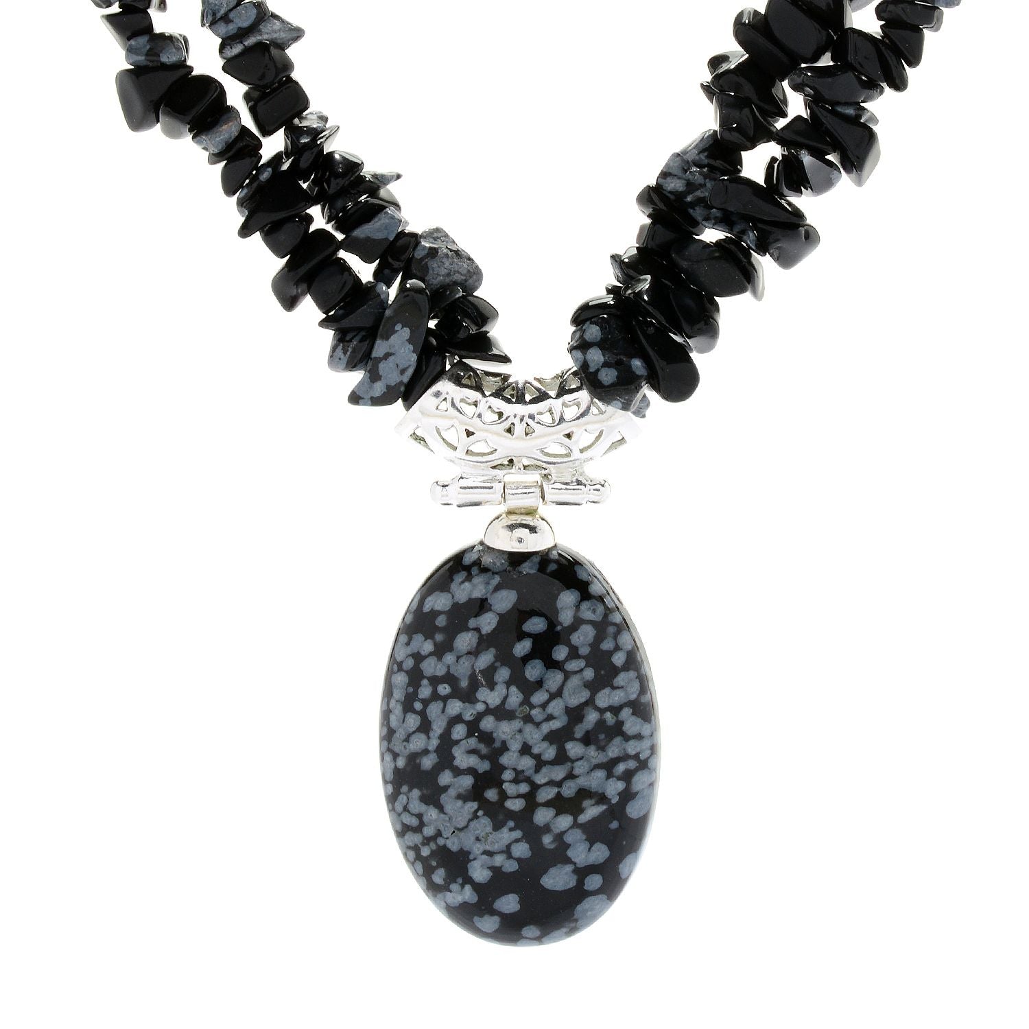 Pinctore Sterling Silver 17.5" 30 x 20mm Oval Snowflake Obsidian 2-Strand Necklace - pinctore