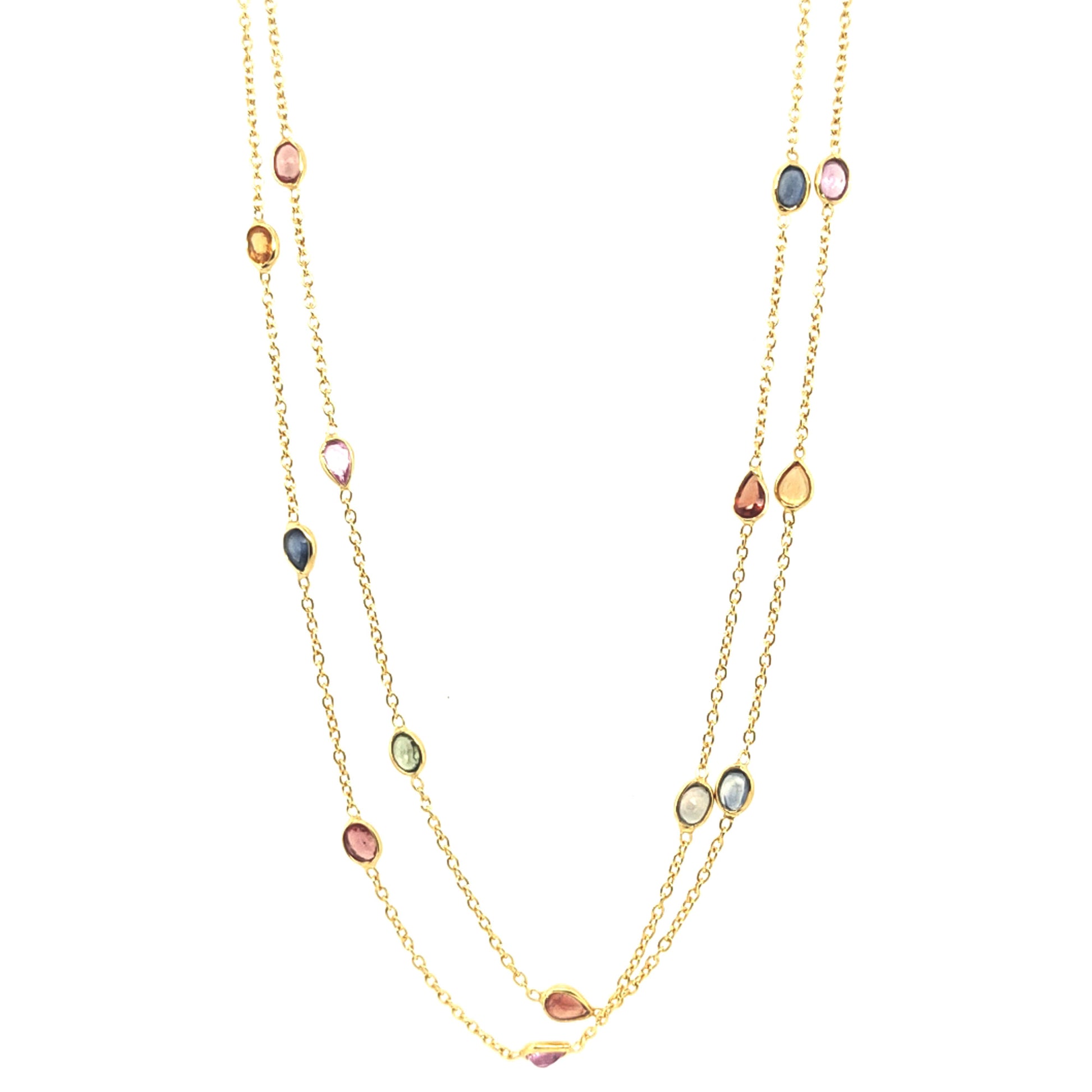 925 Sterling Silver Yellow Plated Multi Sapphire Station Necklace - Pinctore