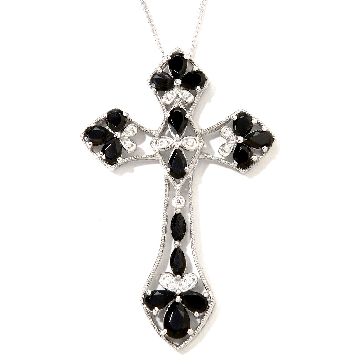 Pinctore Platinum o/Silver 4.36ctw Black Spinel Cross Pendant 1.87'L with 18' Chain - pinctore