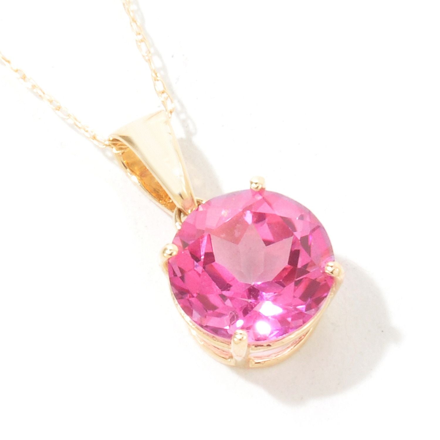 10KT Yellow Gold Pink Topaz Round Shape Cushion Pendant With 18" Chain - Pinctore