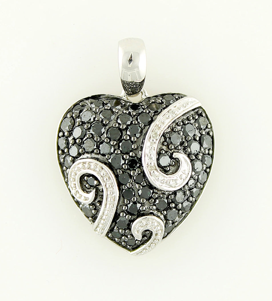 Pinctore Sterling Silver 1.79ctw Black Diamond Heart Pendant 1.06'L with 18' Chain - pinctore