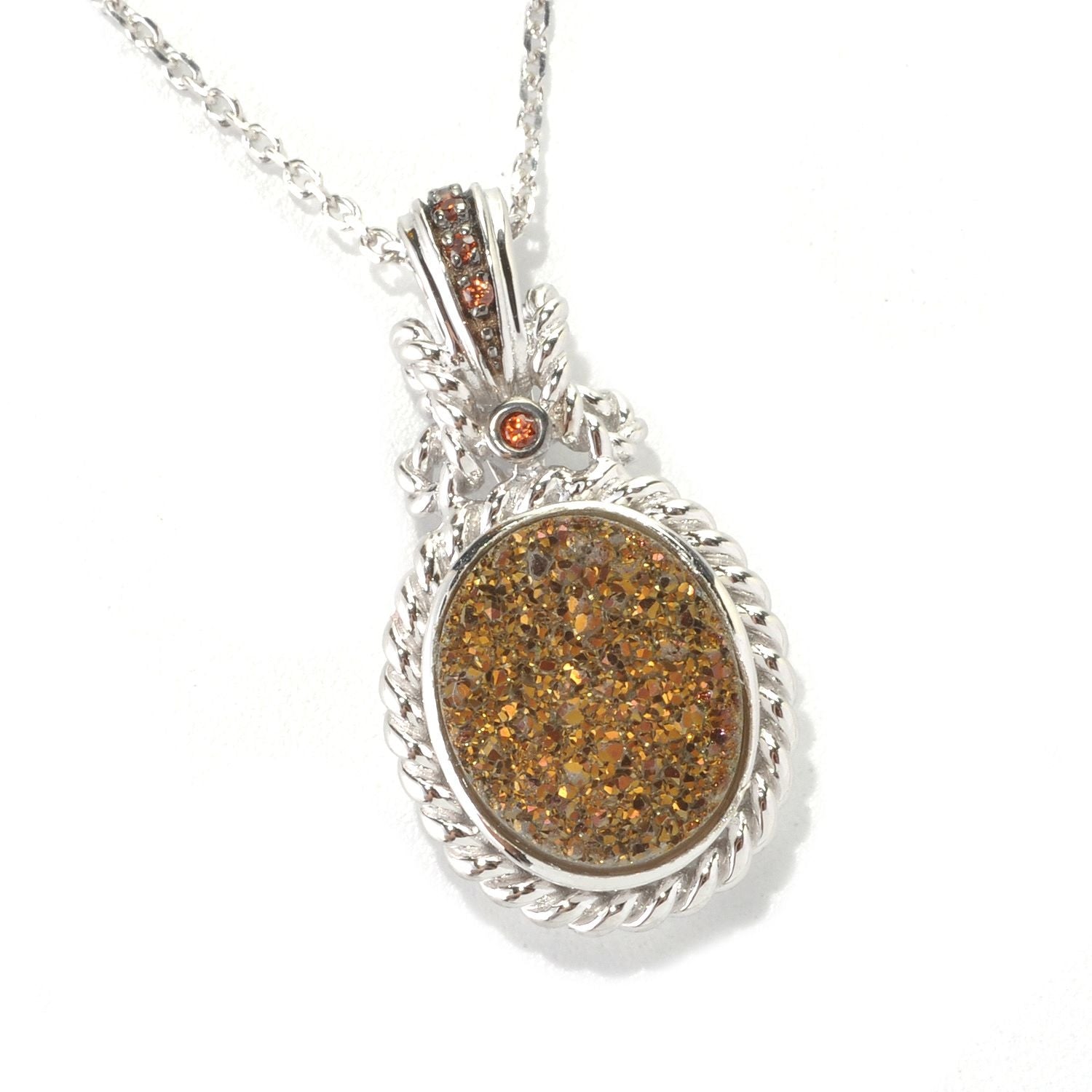 Pinctore Sterling Silver 3.41ctw Mocha Drusy & Brown Zircon Pendant 1.00'L with 18' Chain - pinctore