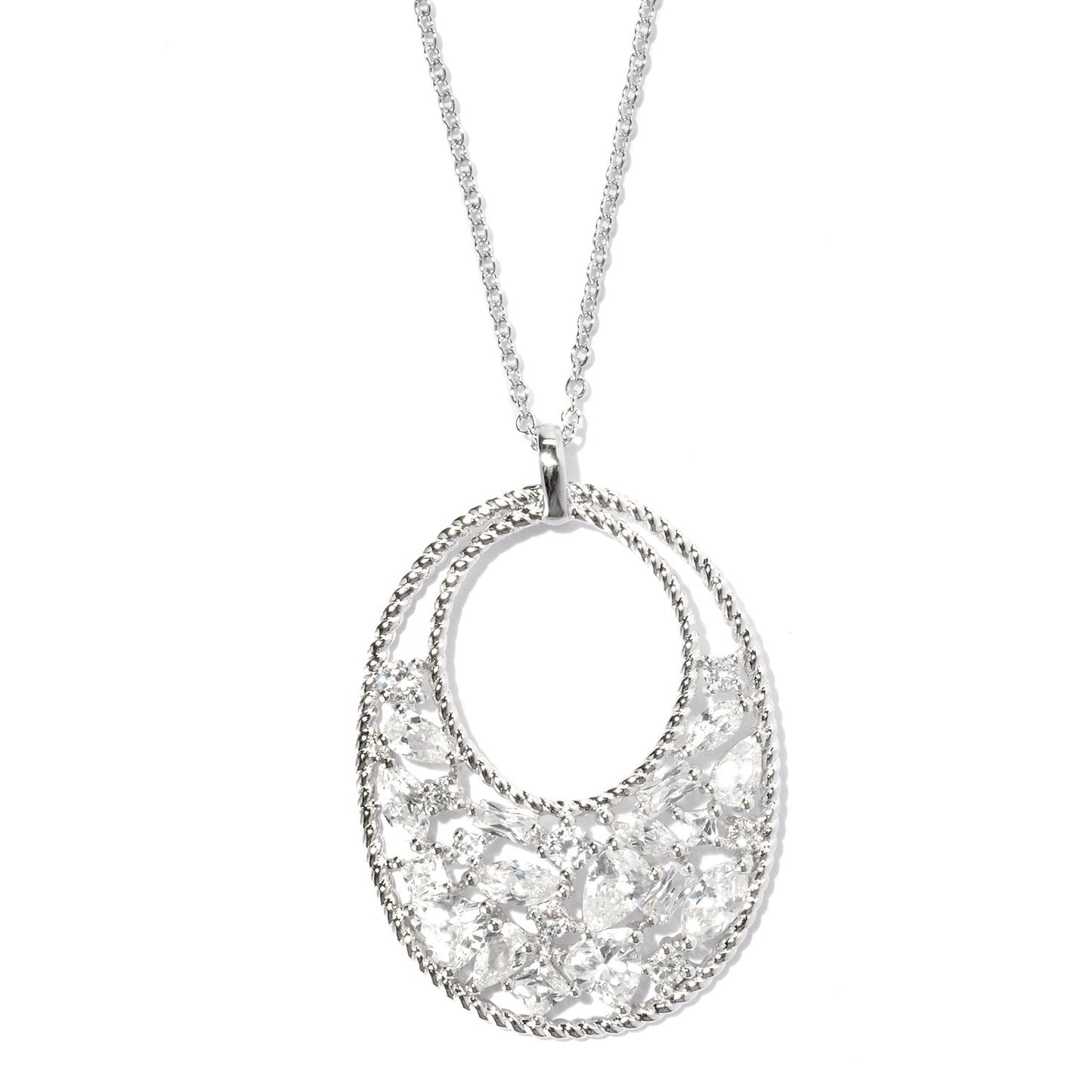 Pinctore Platinum o/Silver 5.47ctw White CZ Oval Shaped Pendant 1.56'L with 18' Chain - pinctore