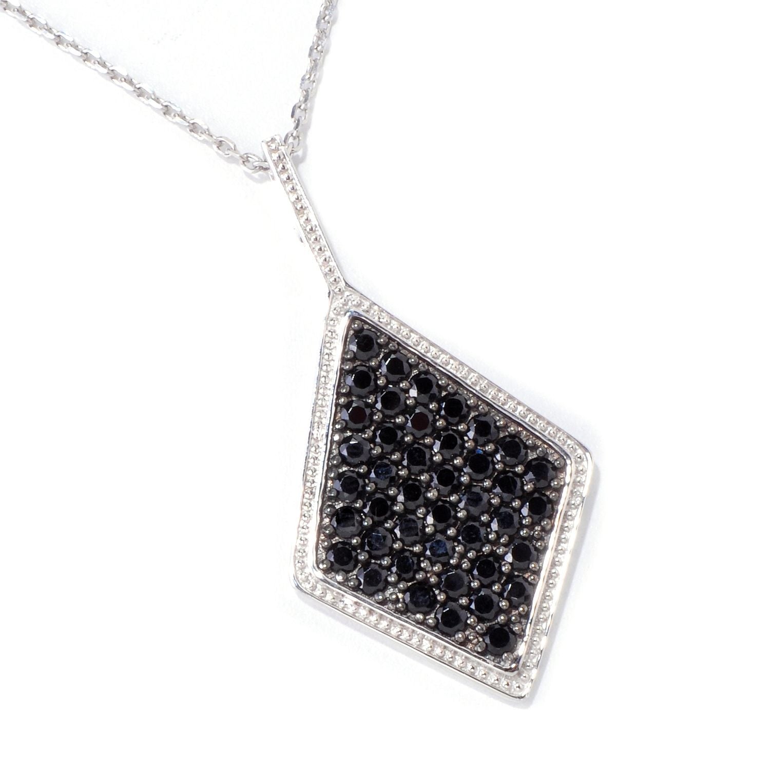 Pinctore Sterling Silver 3.4ctw Black Spinel Diamond Shaped 1.87'L Pendant with 18' Chain - pinctore