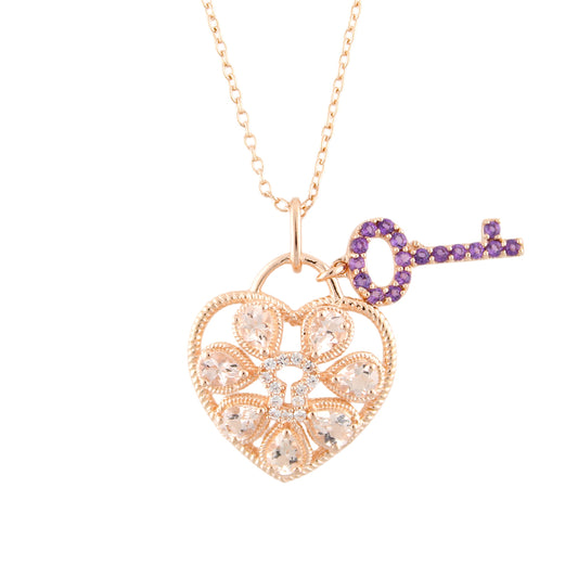 Sterling Silver Rose Morganite and Multi-gemstone Heart Lock Pendant - Pinctore