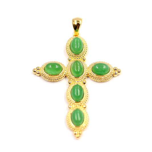 925 Sterling Silver Dyed Green Jade Cross Pendant - Pinctore