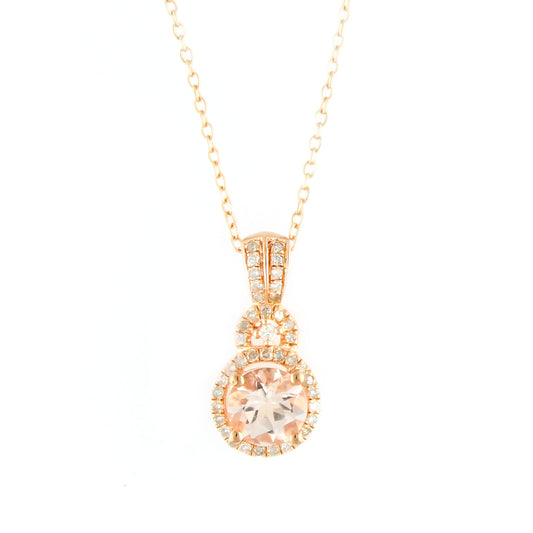 10k Rose Gold Morganite and 1/5ct TDW Diamond Halo Pendant Necklace - Pinctore