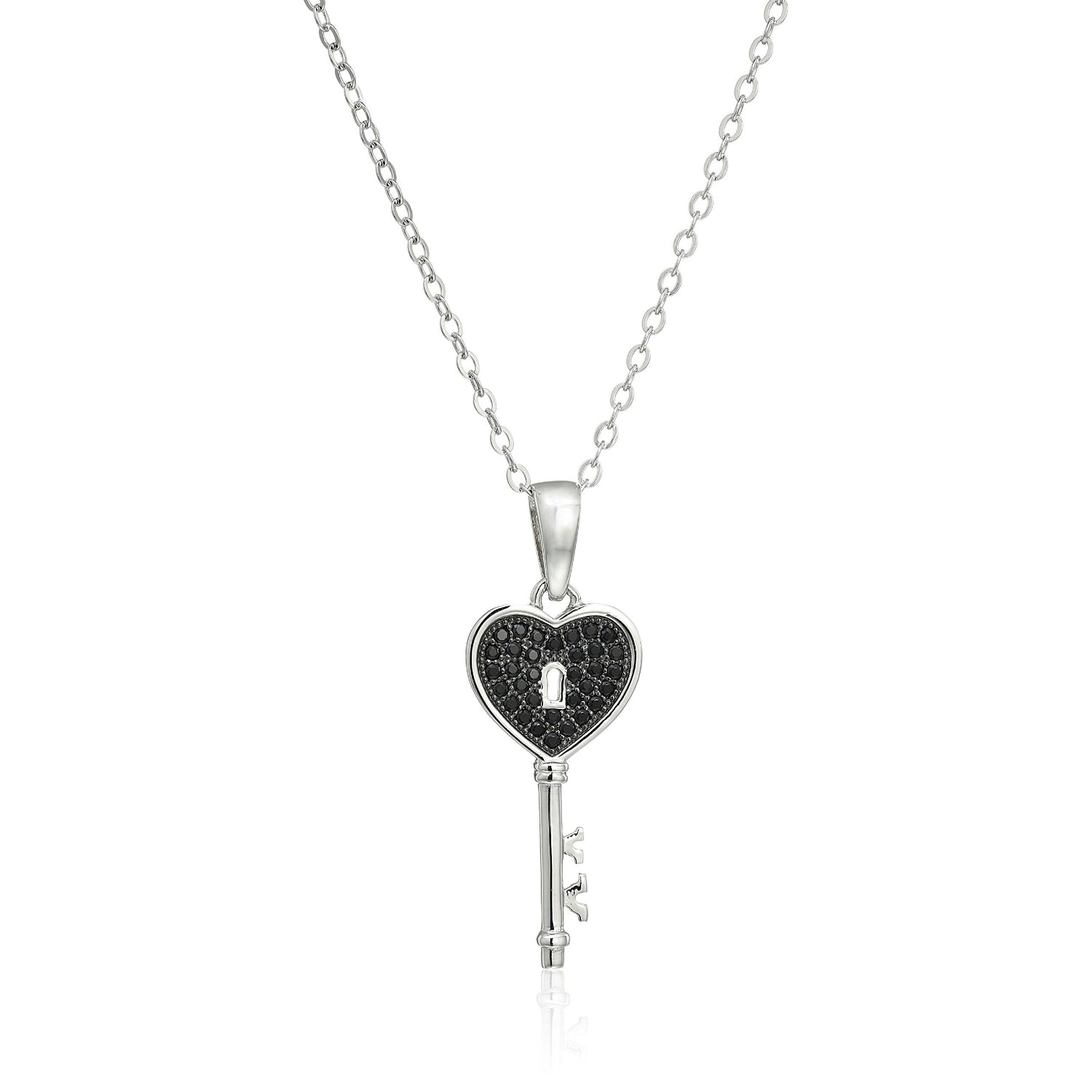 Sterling Silver Black Spinel Key Pendant Necklace, 18" - pinctore