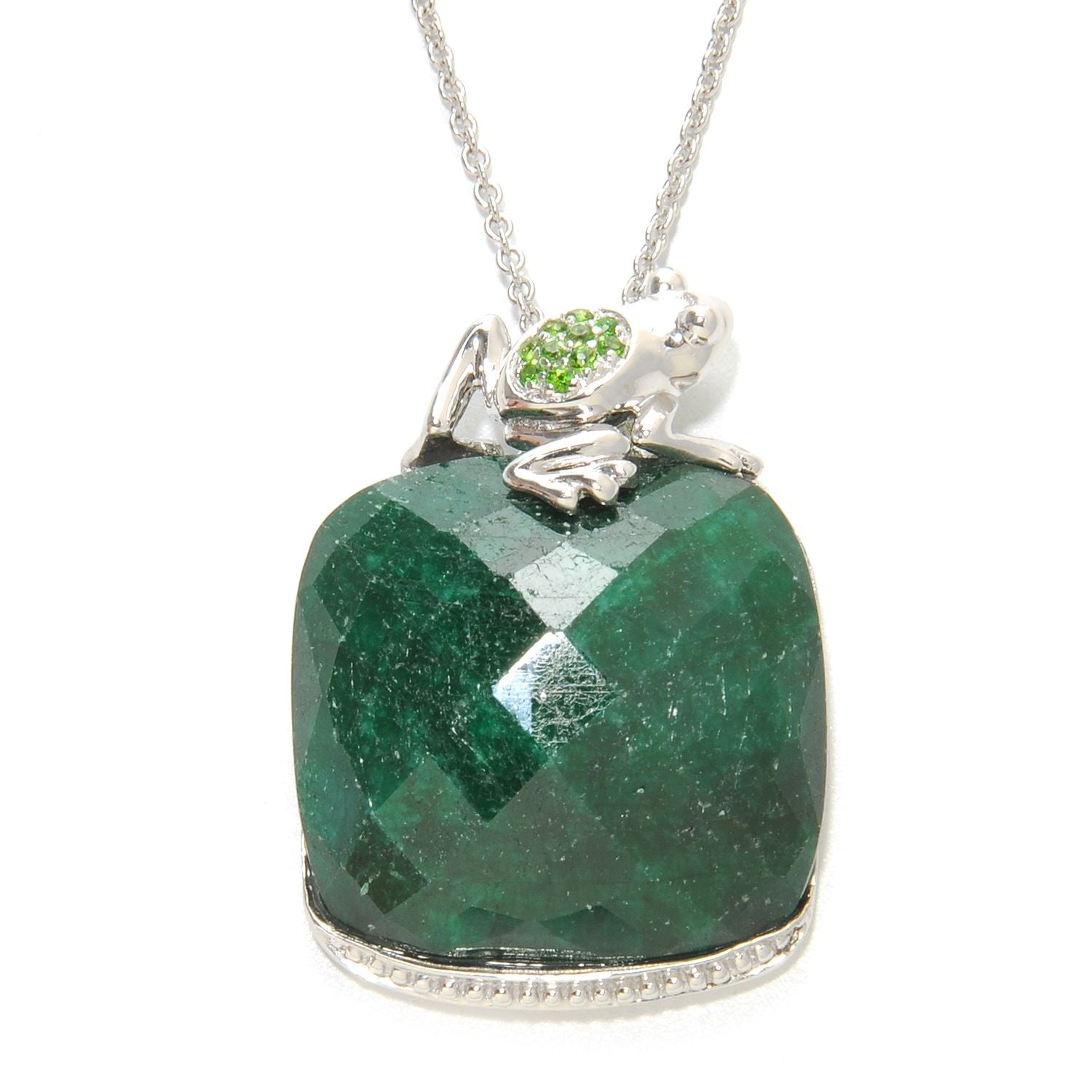Pinctore Sterling Silver 16ctw Dyed Green Sapphire & Chrome Diopside Frog Pendant, 18' - pinctore