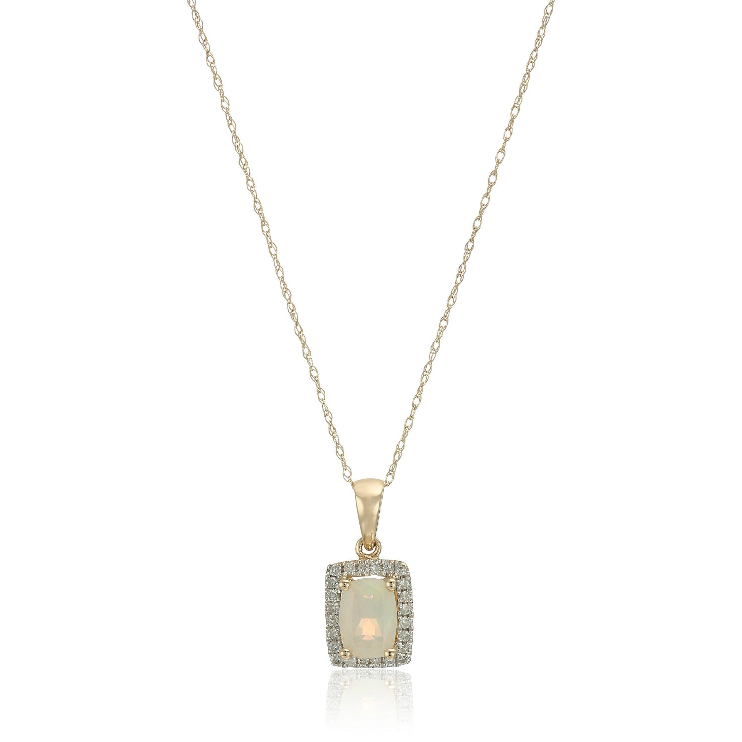 10k Yellow Gold Ethiopian Opal and Diamond Princess Diana Cushion Halo Pendant Necklace, 18" - Pinctore