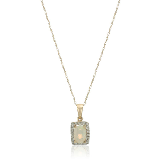 10k Yellow Gold Ethiopian Opal and Diamond Princess Diana Cushion Halo Pendant Necklace, 18" - Pinctore