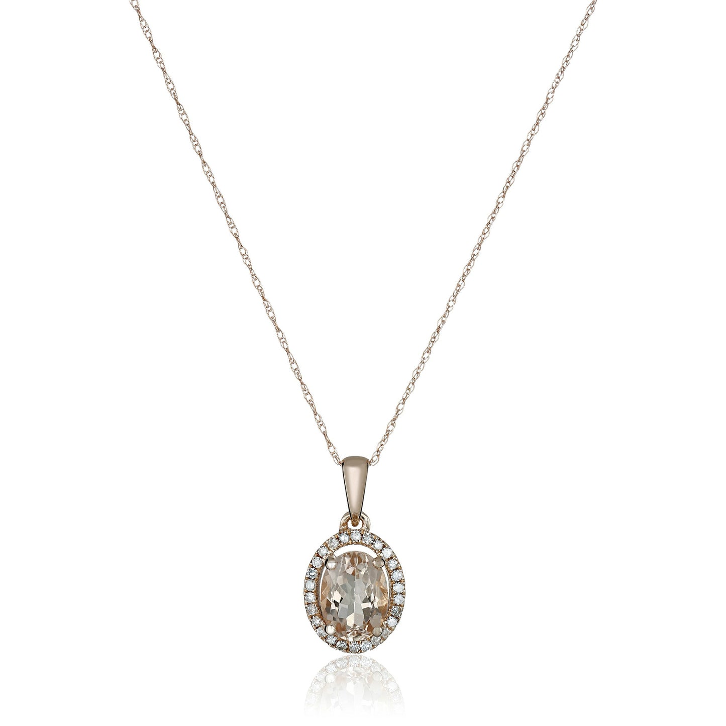 10k Rose Gold Morganite and Diamond Princess Diana Oval Halo Pendant Necklace (1/10cttw, H-I Color, I1-I2 Clarity), 18" - Pinctore