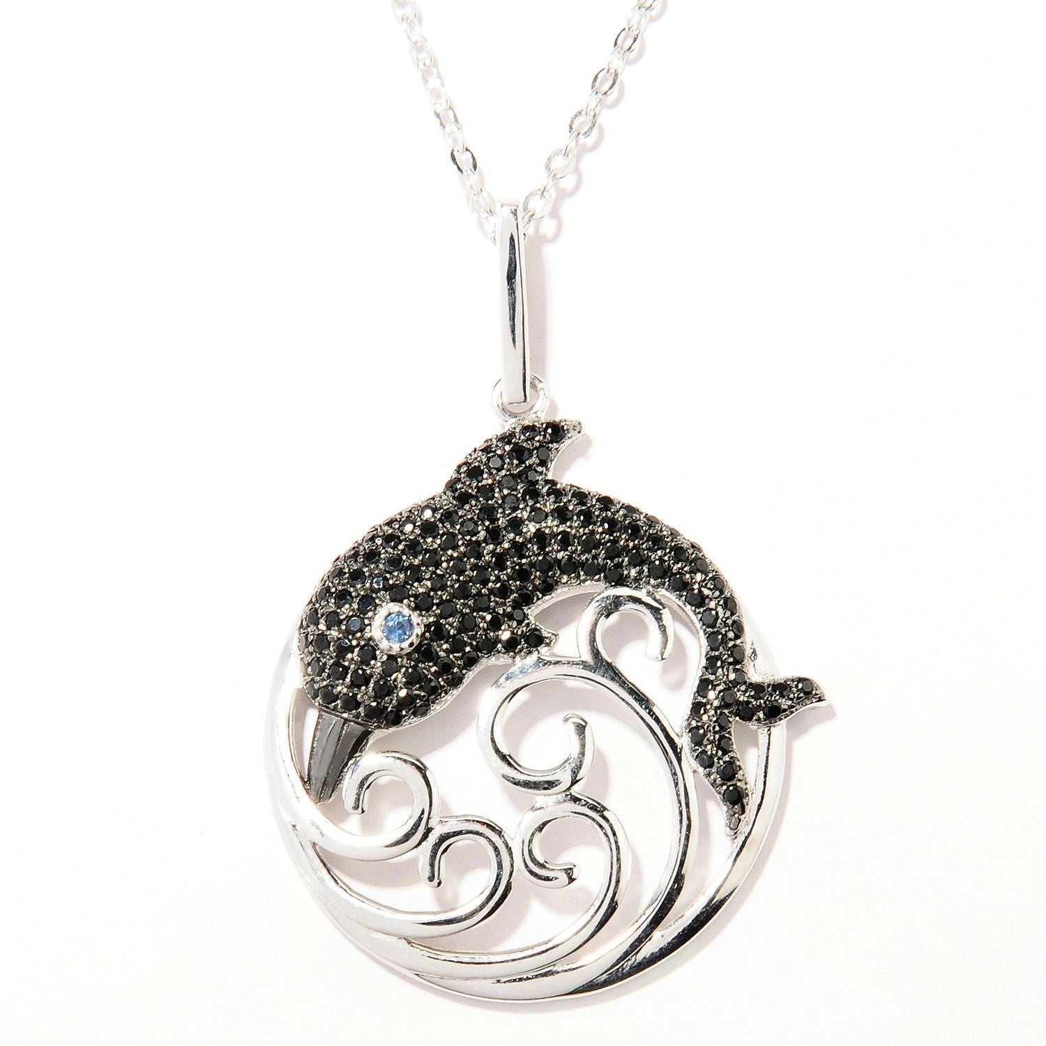 Pinctore Platinum o/Silver 0.76ctw Black Spinel 1.50'L Dolphin Pendant with 18' Chain - pinctore