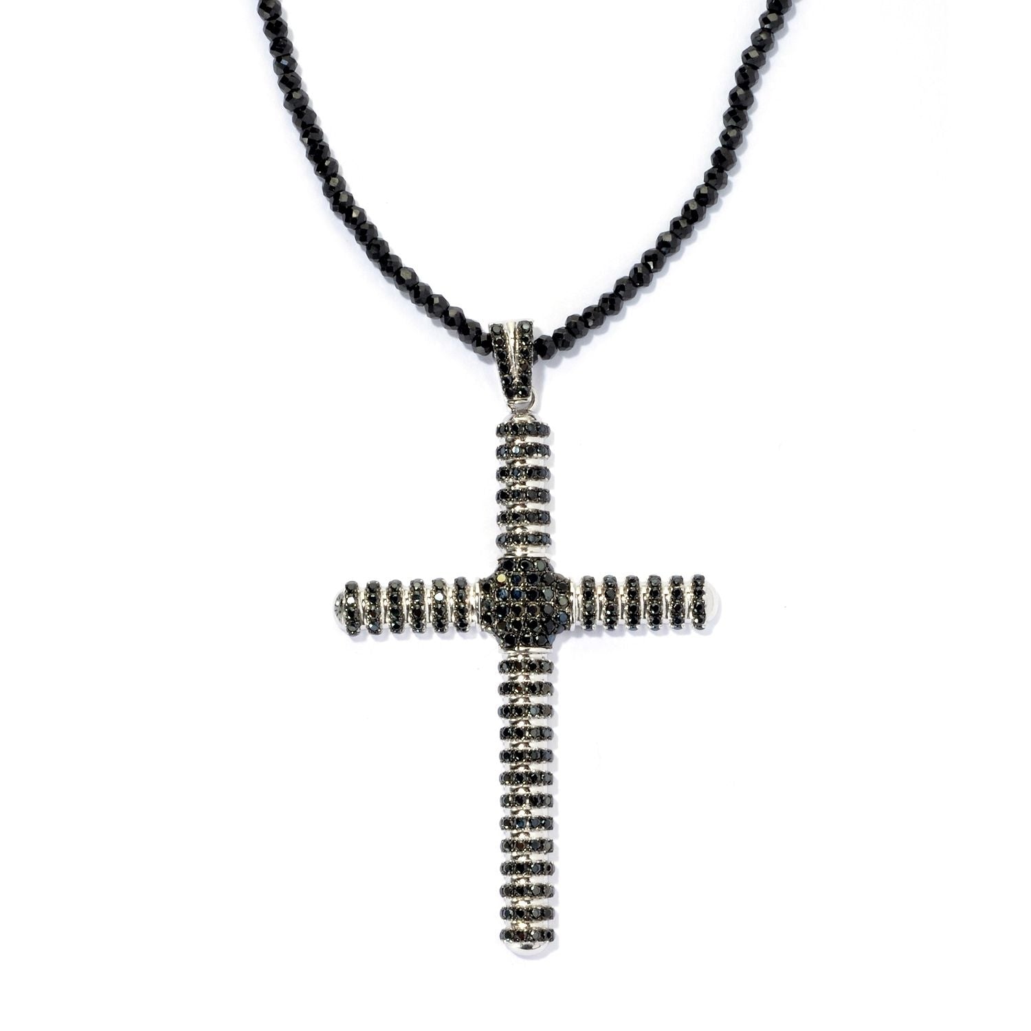 Pinctore Sterling Silver 3.29ctw Black Spinel Cross Pendant with 18' Beaded Chain - pinctore