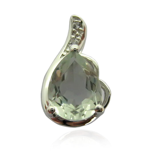 Sterling Silver Green Amethyst and Created White Sapphire Pear Solitaire Pendant Necklace, 18" - pinctore