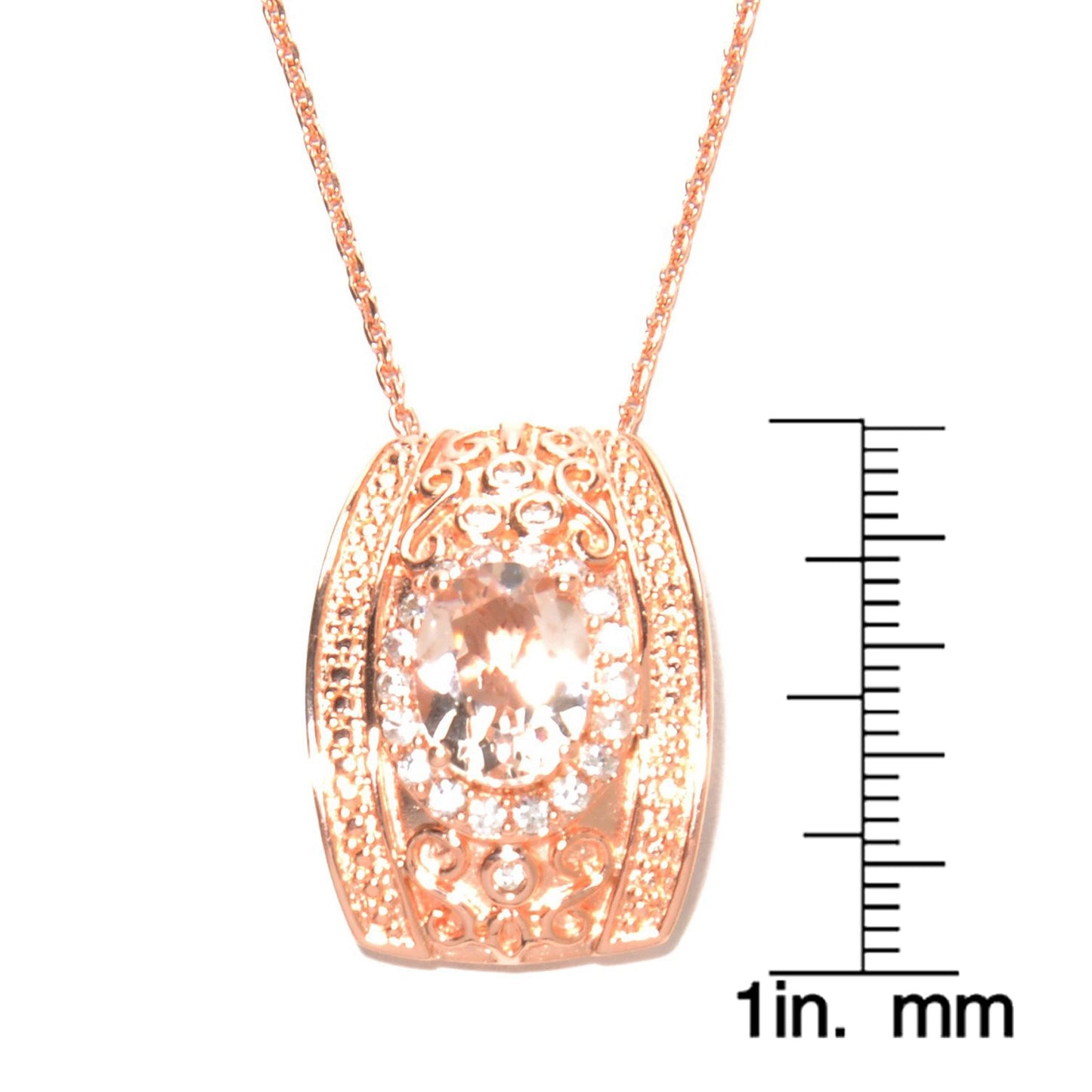 Pinctore 18K Rose Gold Over Silver 1.9ctw Morganite & White Zircon Filigree Pendant 0.8'L - pinctore