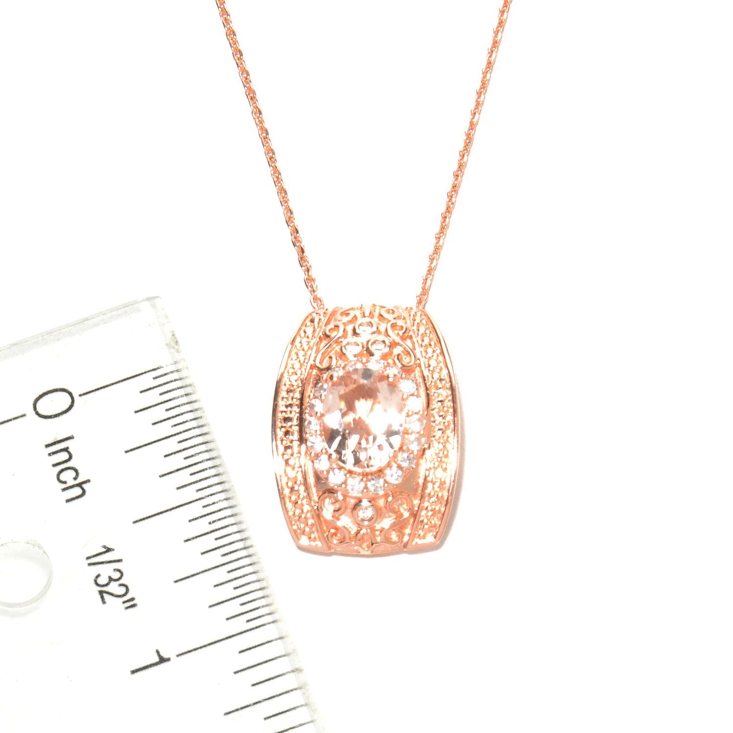 Pinctore 18K Rose Gold Over Silver 1.9ctw Morganite & White Zircon Filigree Pendant 0.8'L - pinctore