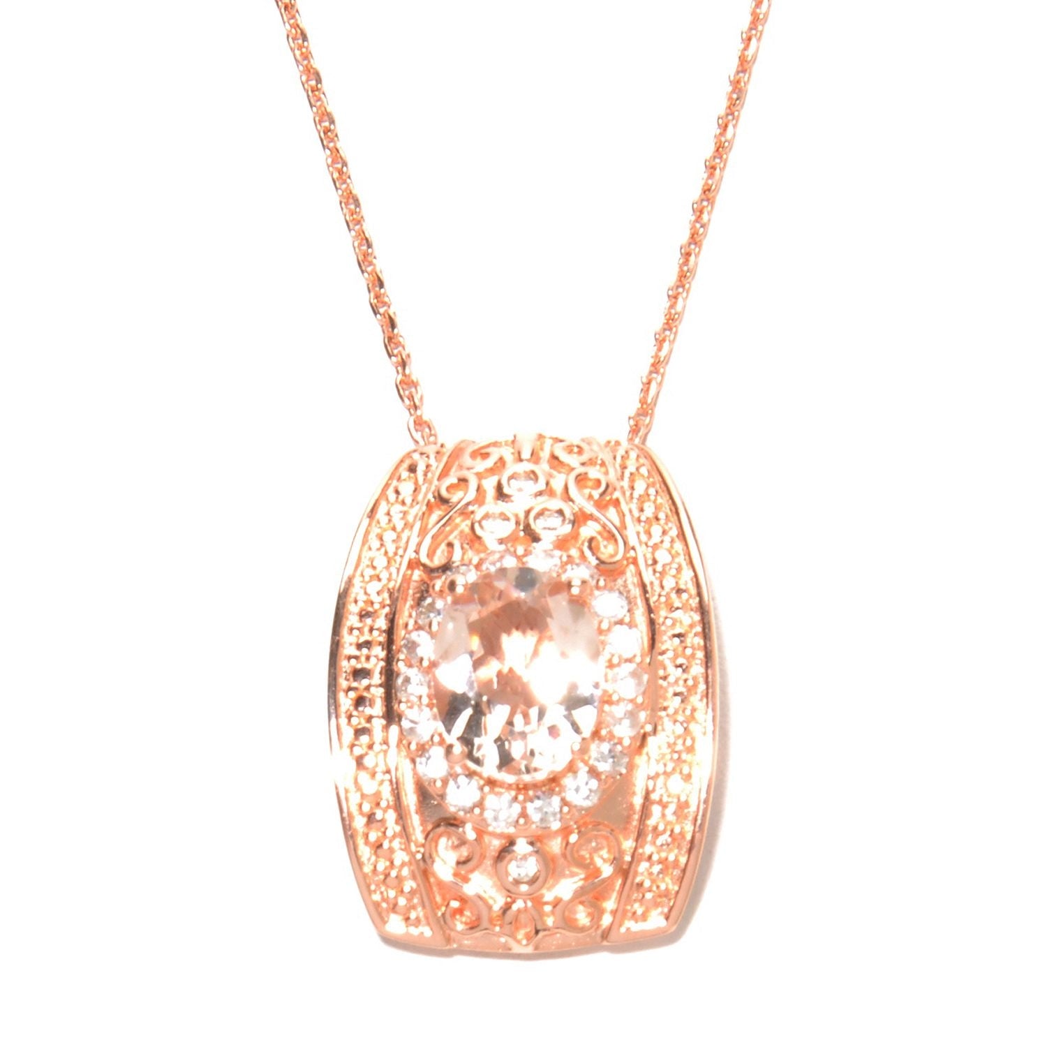 Pinctore 18K Rose Gold Over Silver 1.9ctw Morganite & White Zircon Filigree Pendant 0.8'L - pinctore