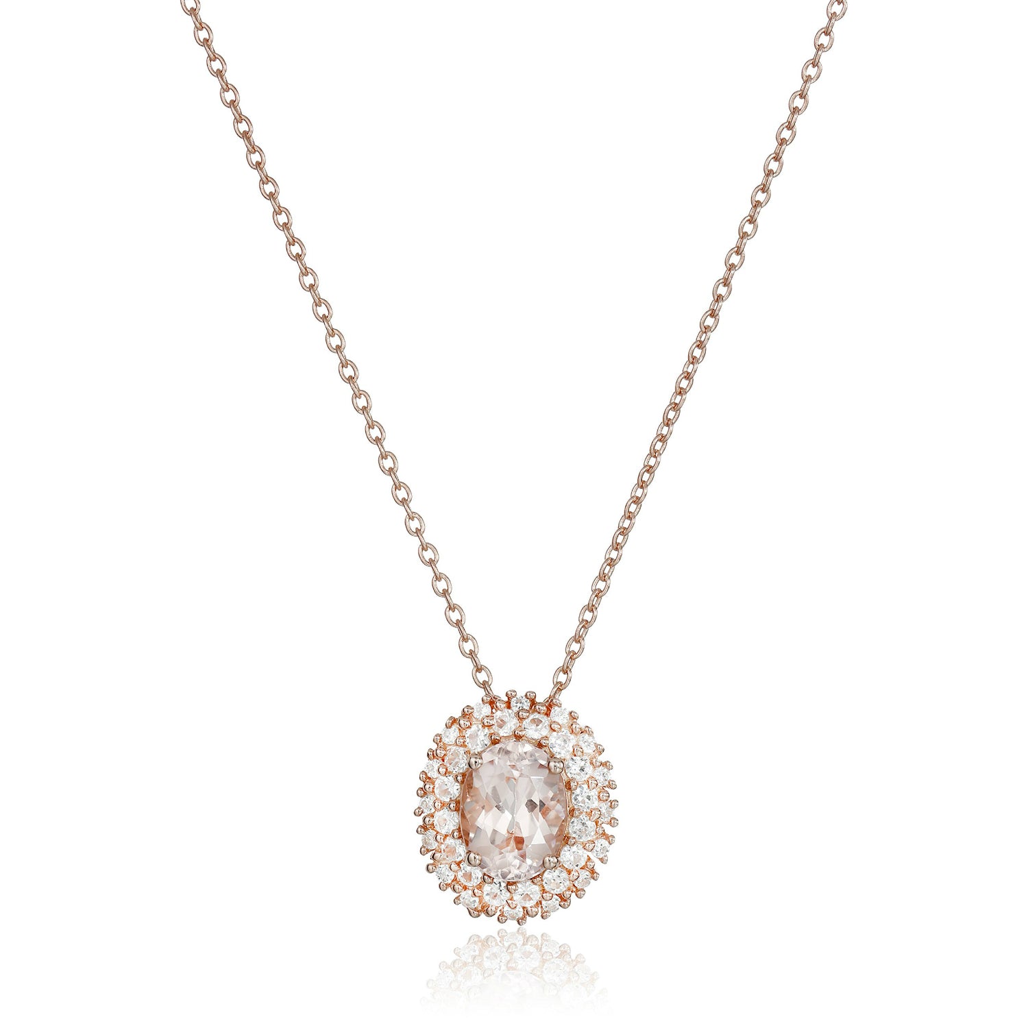 Rose Gold-Plated Silver Morganite and Created White Sapphire Double Halo Pendant Necklace, 18" - Pinctore
