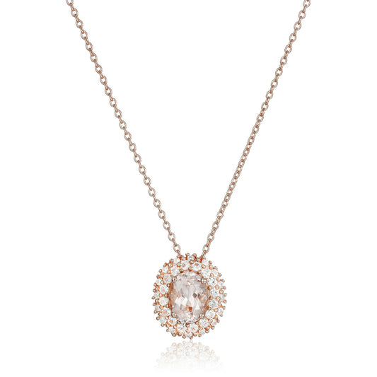 Rose Gold-Plated Silver Morganite and Created White Sapphire Double Halo Pendant Necklace, 18" - Pinctore