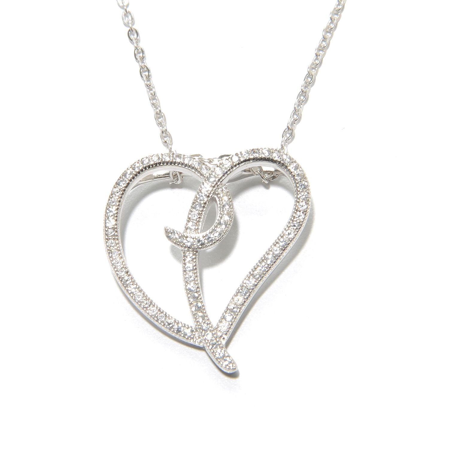 Pinctore Sterling Silver 0.59ctw White Natural Zircon Heart Pendant 1.00'L with 18' Chain - pinctore