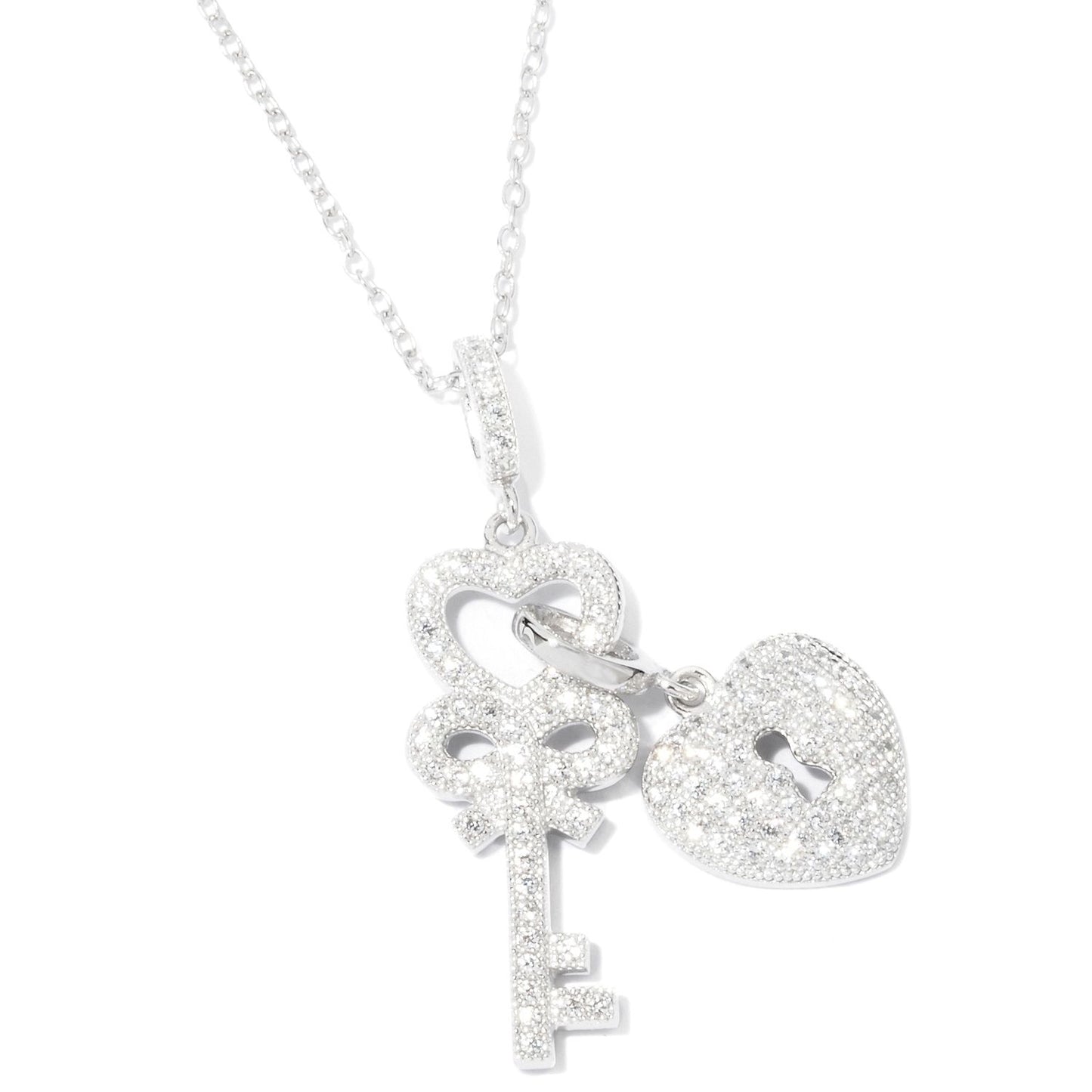 Pinctore Sterling Silver 1.10ctw White Cubic Zirconia Lock & Key Pendant with 18' Chain - pinctore