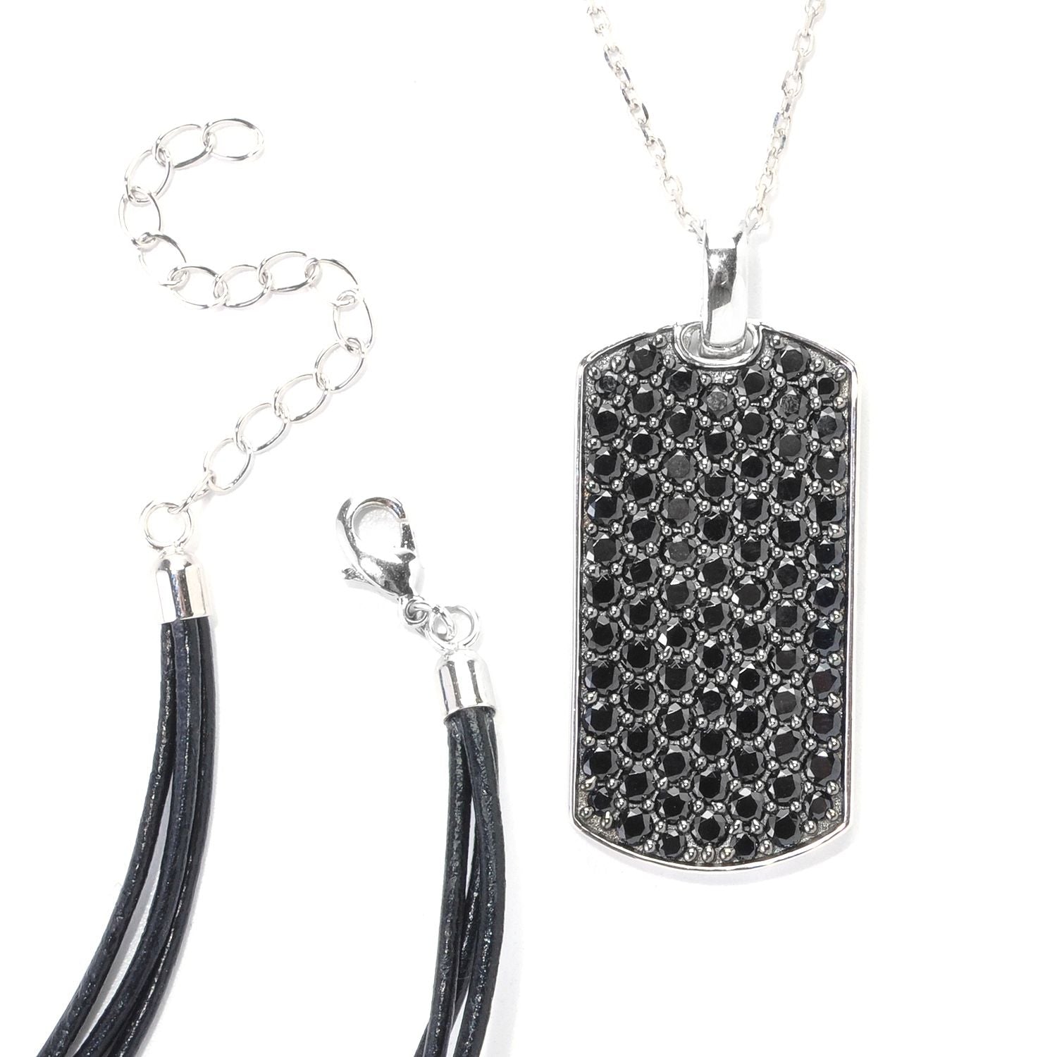 Sterling Silver Pave Black Spinel Necklace with Chain and Cord - Pinctore