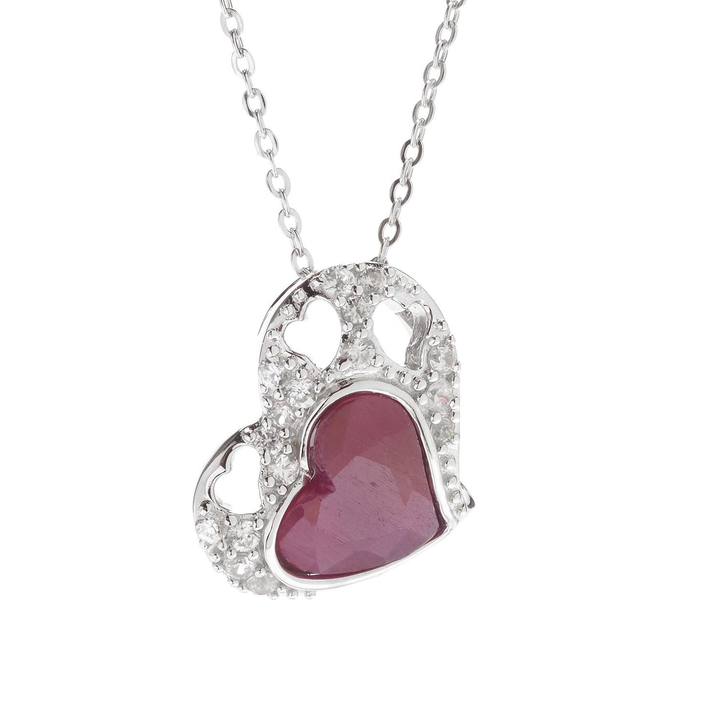 Sterling Silver Madurai Ruby White Zircon Heart Necklace - Pinctore