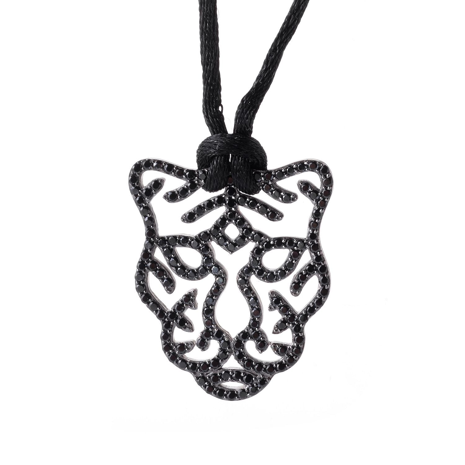 Pinctore Sterling Silver 1.96ctw Black Spinel Tiger Shaped 1'L Pendant with Cord - pinctore