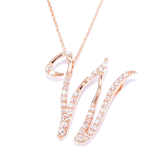 18k Rose Gold over Sterling Silver Round Morganite Initial W Necklace - Pinctore