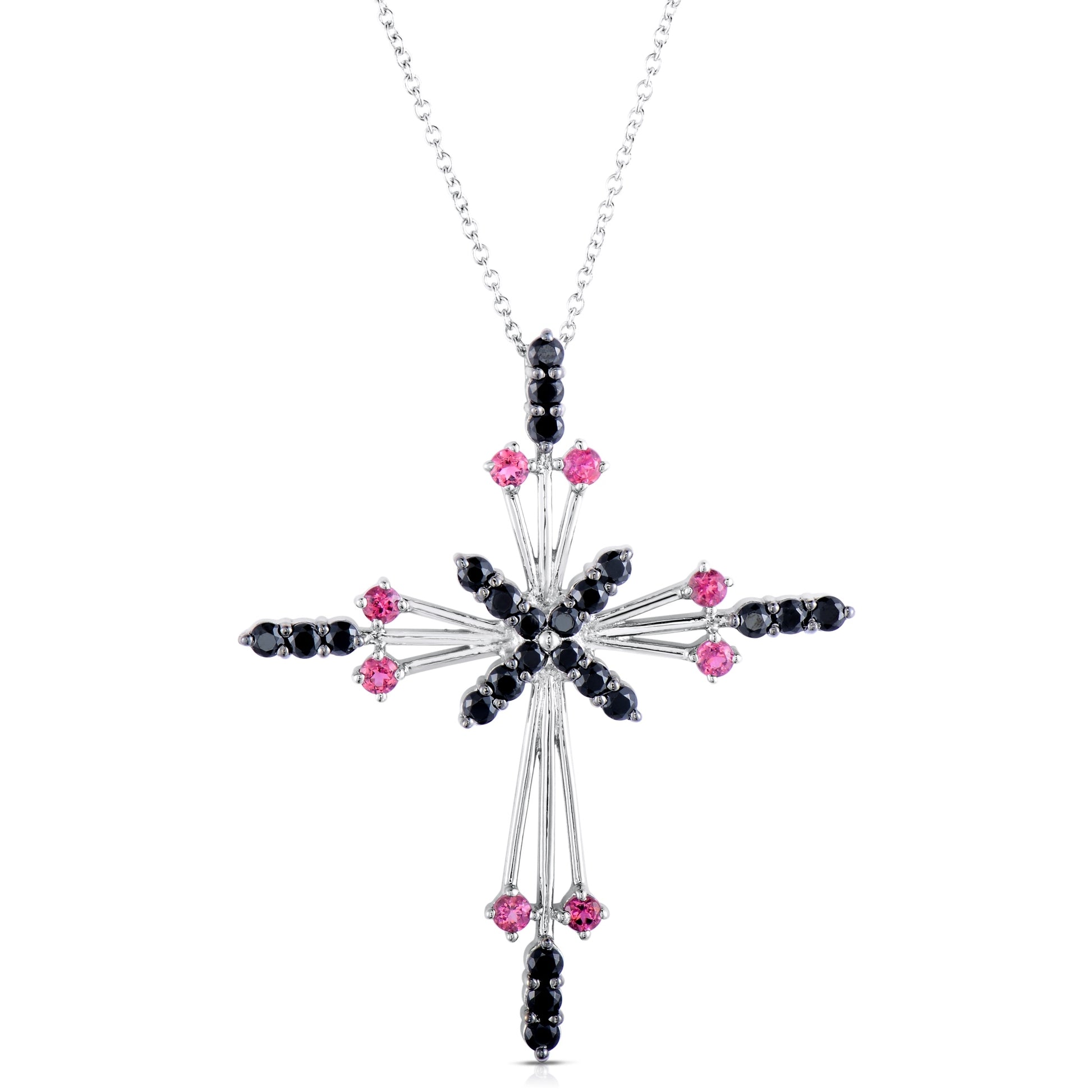 Pinctore Sterling Silver 2.85ctw Pink Tourmaline Cross Pendant 2.00'L with 18' Chain - pinctore