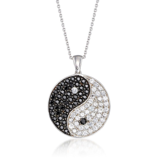 Rhodium-plated Silver 3 7/8ct TGW White Zircon and Black Spinel Pendant Necklace - Pinctore
