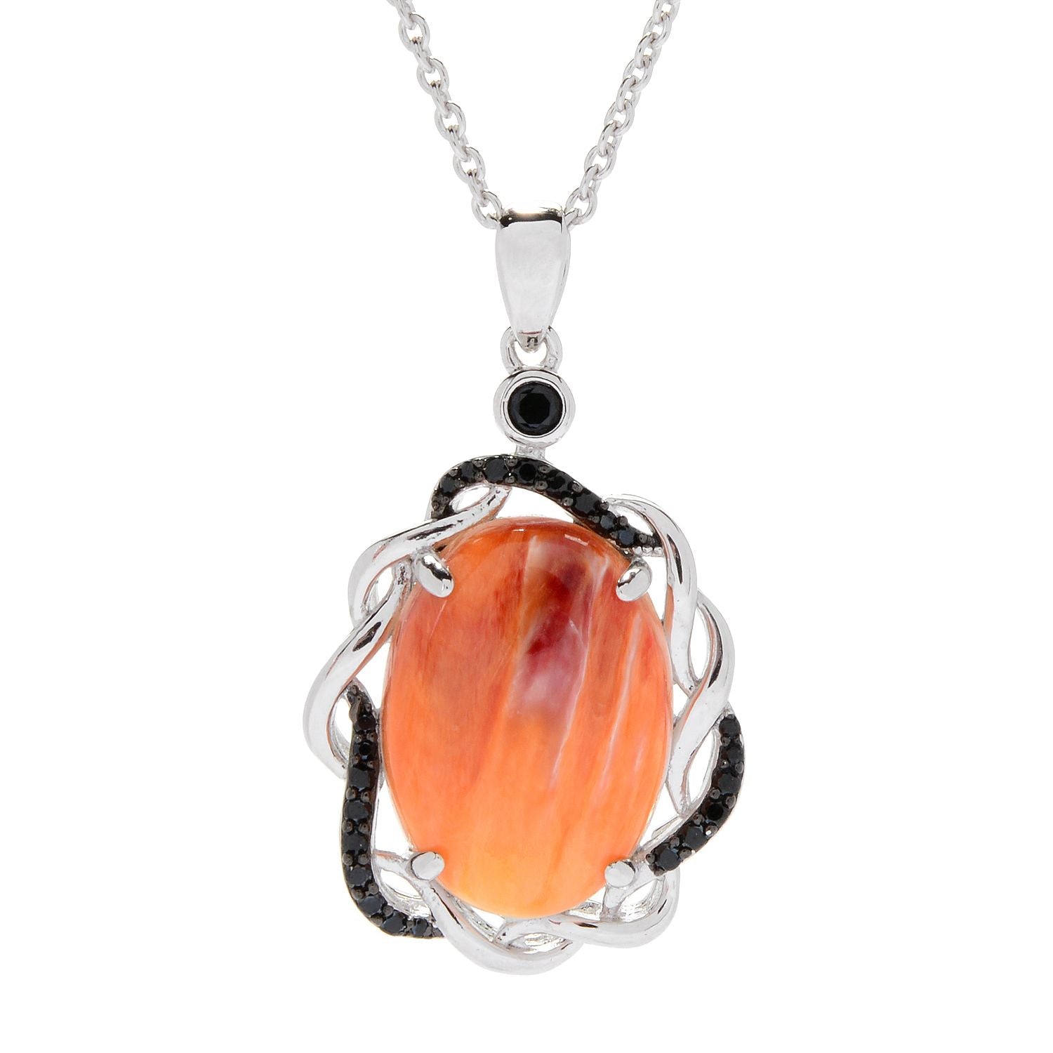Pinctore Sterling Silver Oval Orange Spiny Oyster & Black Spinel Pendant w/ 18" Chain - pinctore