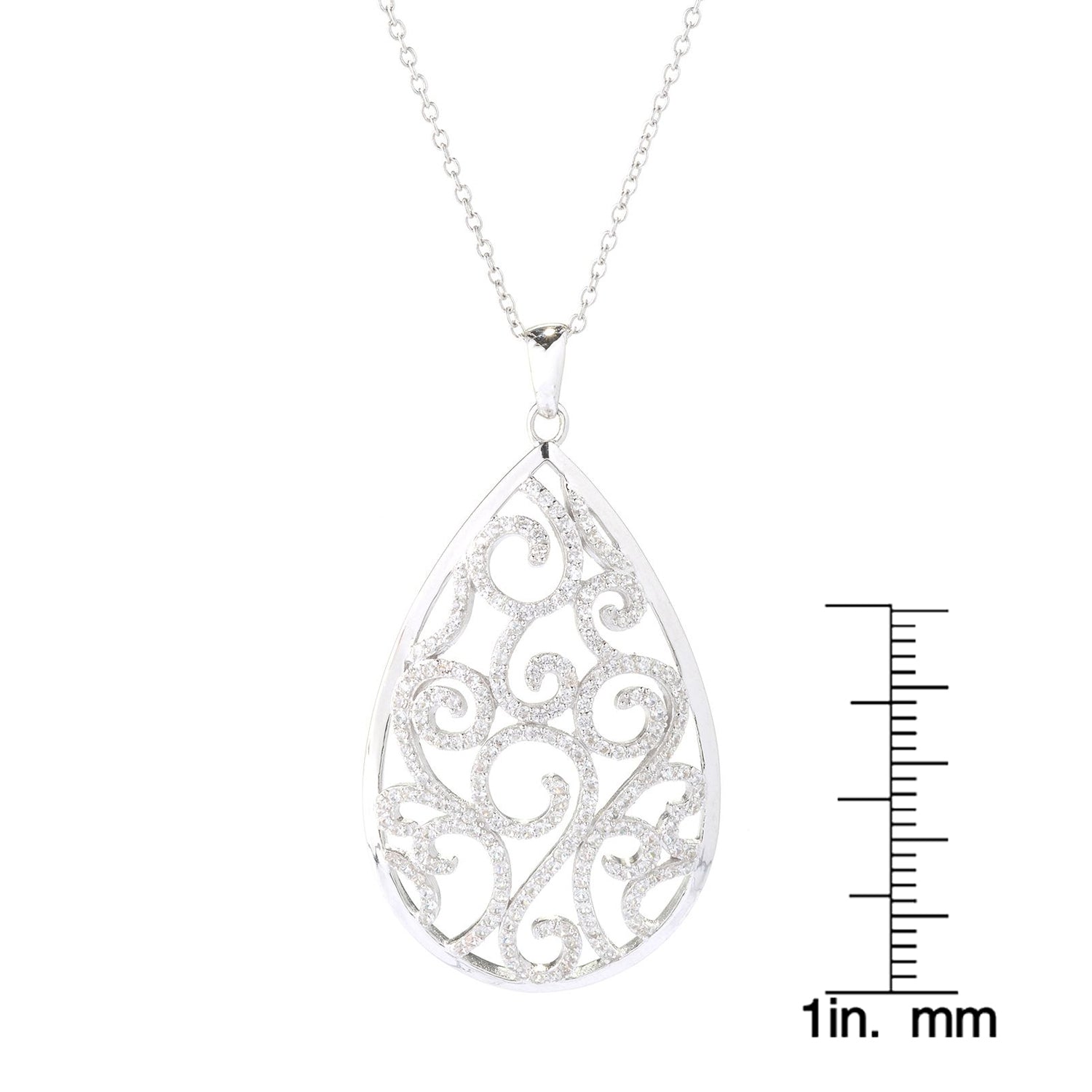Sterling Silver White Zircon Teardrop Scroll Necklace - Pinctore