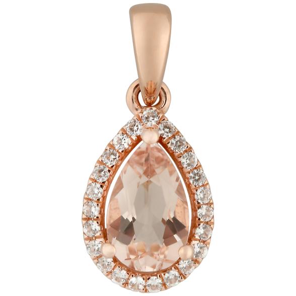 10k Rose Gold Morganite and Diamond Pear Halo Pendant Necklace - Pinctore