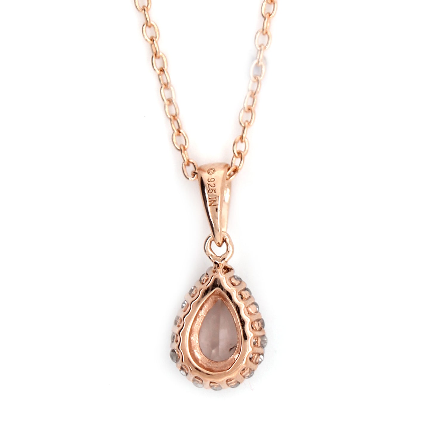 10k Rose Gold Morganite and Created White Sapphire Pear Halo Pendant Necklace - Pinctore