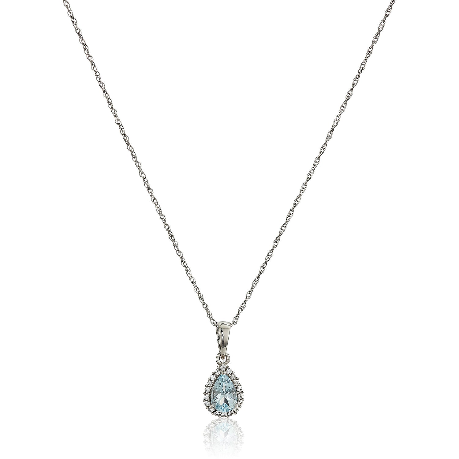 10k White Gold Aquamarine and Created White Sapphire Pear Halo Pendant Necklace, 18" - pinctore