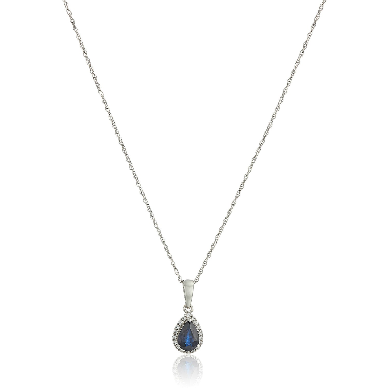 10k White Gold Blue Sapphire and Created White Sapphire Pear Halo Pendant Necklace, 18" - pinctore