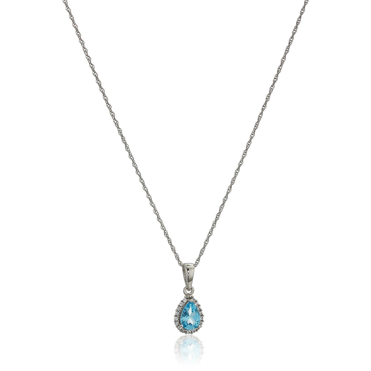 10k White Gold Swiss Blue Topaz and Created White Sapphire Pear Halo Pendant Necklace, 18" - pinctore