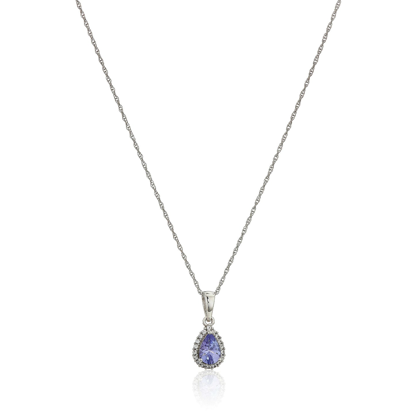 10k White Gold Tanzanite and Created White Sapphire Pear Halo Pendant Necklace, 18" - pinctore