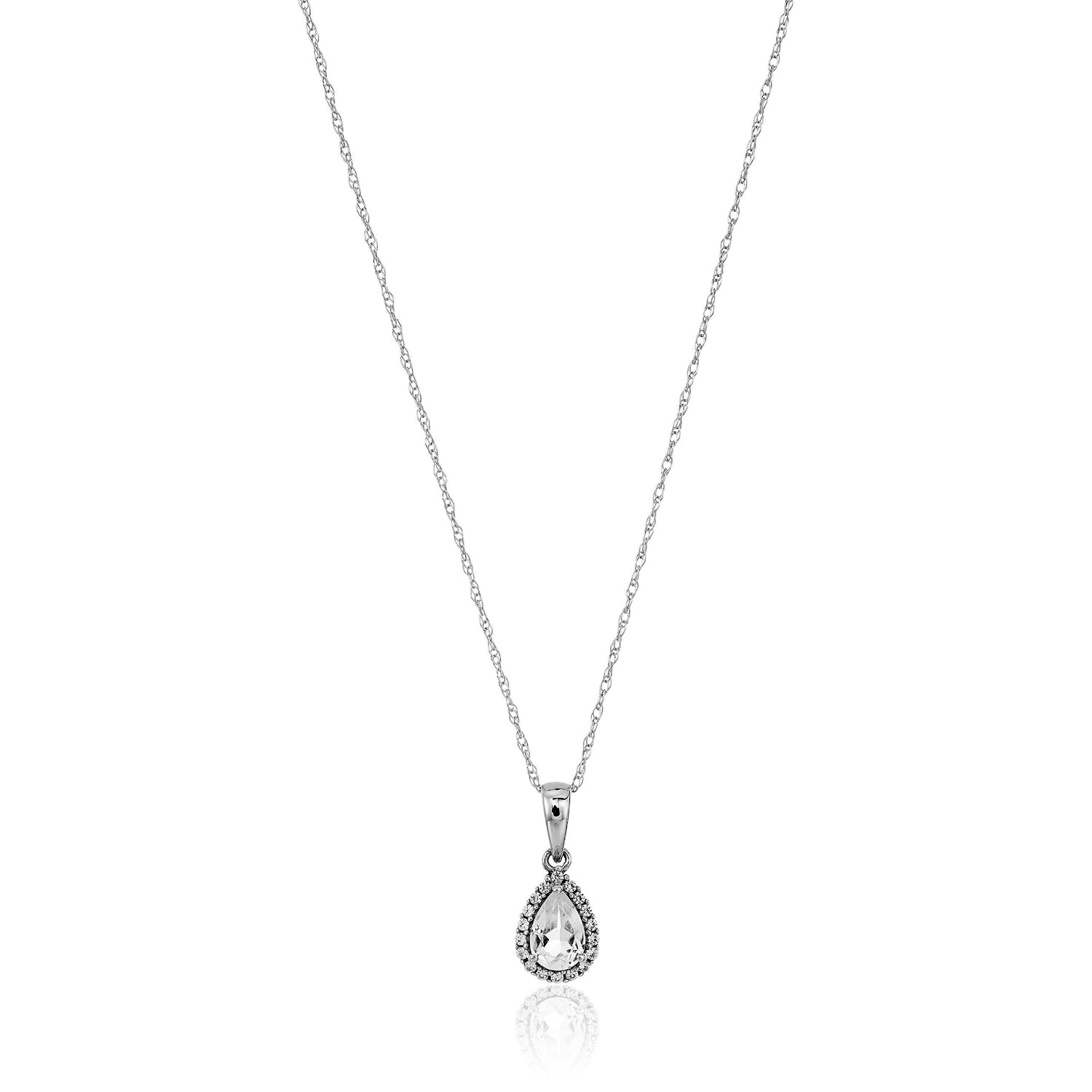 10k White Gold White Topaz and Created White Sapphire Pear Halo Pendant Necklace, 18" - pinctore