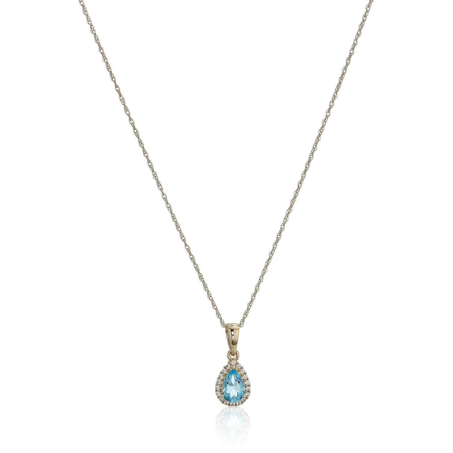 10k Yellow Gold Swiss Blue Topaz and Created White Sapphire Pear Halo Pendant Necklace, 18" - pinctore