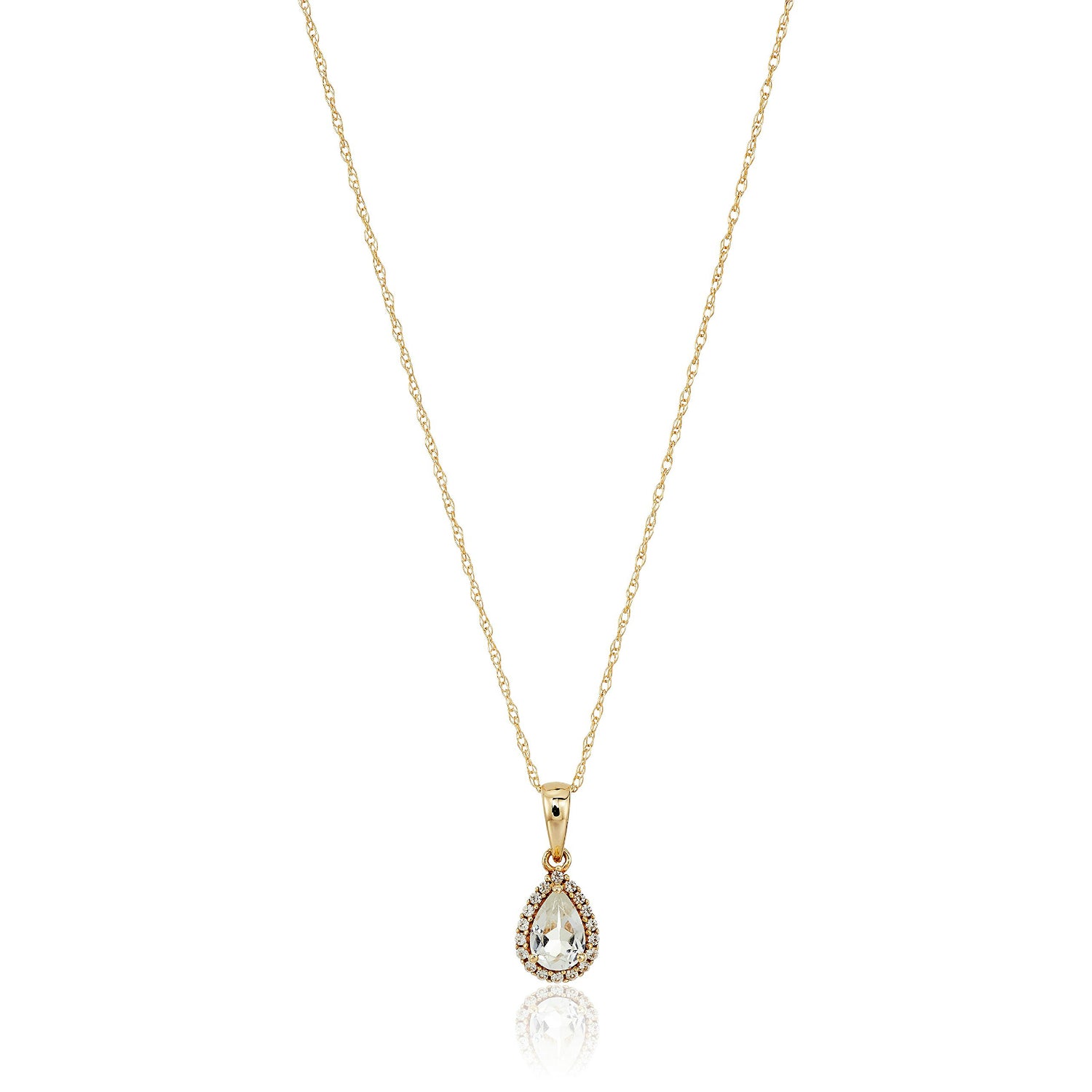 10k Yellow Gold White Topaz and Created White Sapphire Pear Halo Pendant Necklace, 18" - pinctore