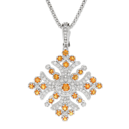 Pinctore Sterling Silver White Zircon & Madeira Citrine Cross Enhancer Pendant w/ 18" Popcorn Chain - pinctore