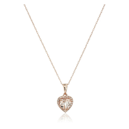 10k Rose Gold Morganite Heart and Diamond Pendant Necklace (1/10cttw,H-I Color, I1-I2 Clarity), 18" - pinctore