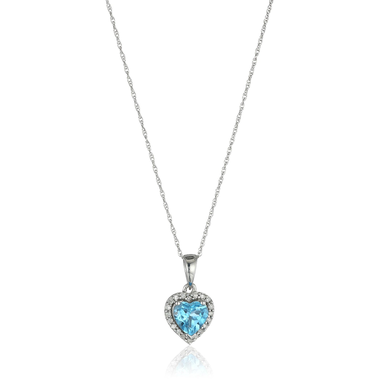 10k White Gold Swiss Blue Topaz Heart and Diamond Pendant Necklace, (1/10 cttw H-I Color, I1-I2 Clarity), 18" - pinctore