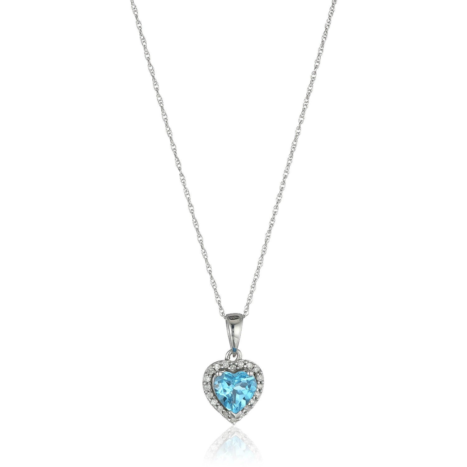 10k White Gold Swiss Blue Topaz Heart and Diamond Pendant Necklace, (1/10 cttw H-I Color, I1-I2 Clarity), 18" - pinctore
