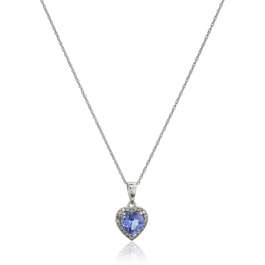 10k White Gold Tanzanite Heart and Diamond Pendant Necklace, (1/10 cttw H-I Color, I1-I2 Clarity), 18" - pinctore