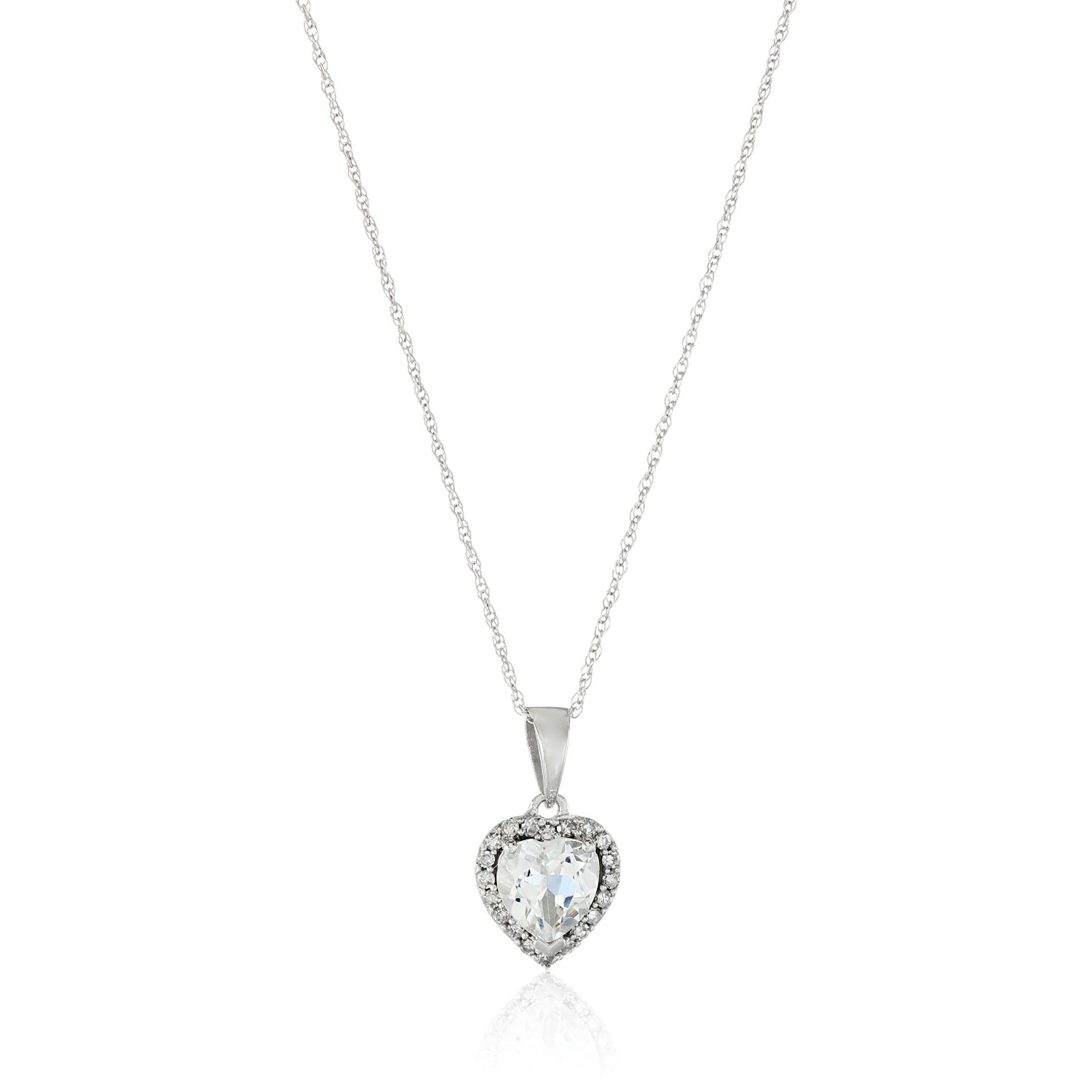 10k White Gold White Topaz Heart and Diamond Pendant Necklace, (1/10 cttw H-I Color, I1-I2 Clarity), 18" - pinctore