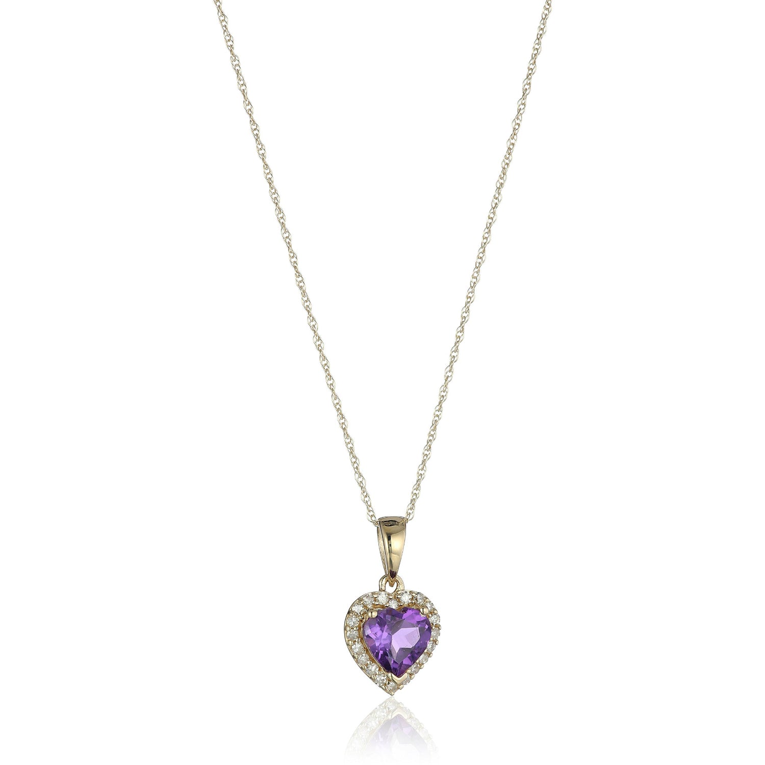 10k Yellow Gold African Amethyst Heart and Diamond Pendant Necklace, (1/10 cttw H-I Color, I1-I2 Clarity), 18" - pinctore